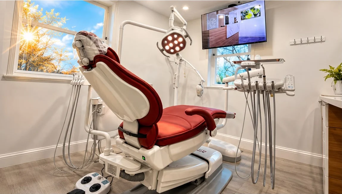 Burgundy dental chair, examination light and wall monitor in a Bellerose treatment room