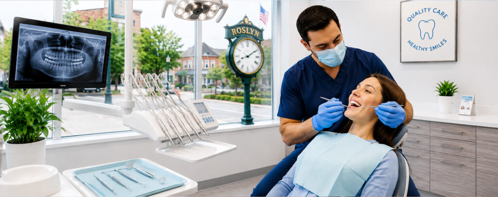 Dentist in Roslyn providing preventive dental care and oral examination for a patient in a modern dental office.