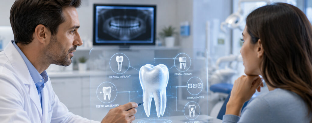 Dentist explaining dental treatment options on a digital display to a patient at Iconic Smiles.