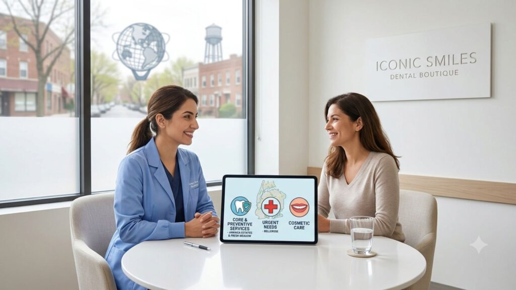 A dentist explaining dental care services to a patient at Iconic Smiles Dental Boutique, illustrating how to choose the right dental clinic in Queens based on comfort and care.