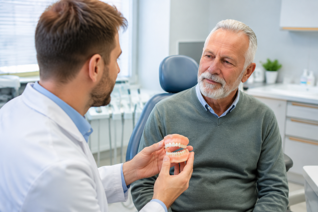 General dentist explaining denture options to a patient before getting dentures in Queens NY